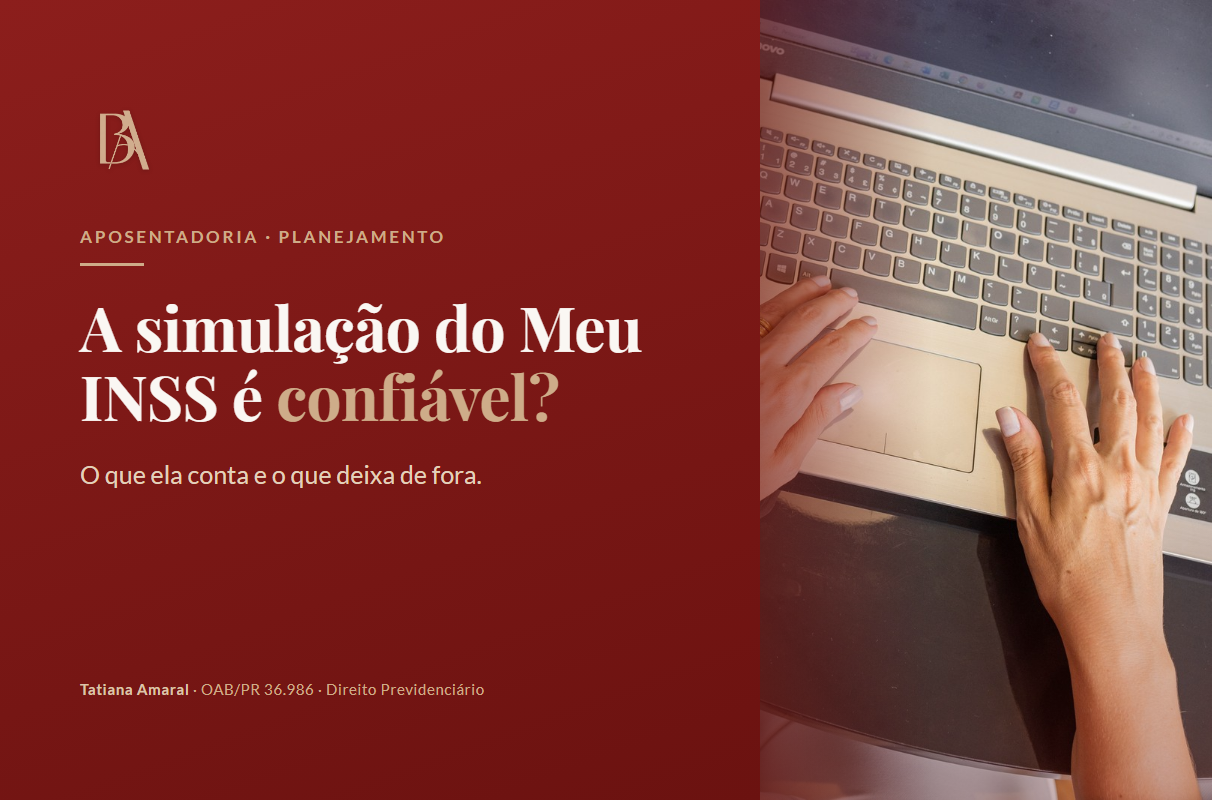 Mãos sobre o teclado de um notebook, ao lado do título do artigo: a simulação do Meu INSS é confiável?